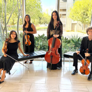 CSUN Honors String Quartet members, dressed in black formal wear, each holding an instrument: two violinists, a cello and a viola.