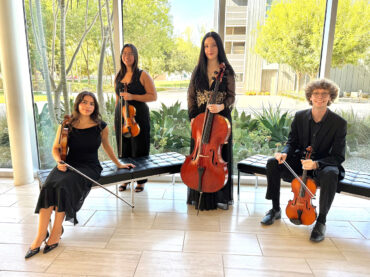 CSUN Honors String Quartet members, dressed in black formal wear, each holding an instrument: two violinists, a cello and a viola.