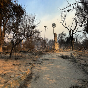 Lone chimney standing in the aftermath of the Eaton Fire in Altadena January 2025