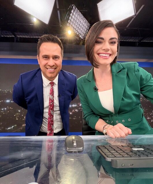 Jonathan Gonzalez '13 (Broadcast Journalism) and CSUN alumni Camilla Rambaldi '13 (Journalism) and classmates-turned-NBC4-colleagues.