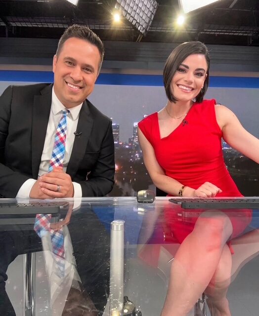 CSUN alumni Jonathan Gonzalez and Camilla Rambaldi at the KNBC4 News desk.