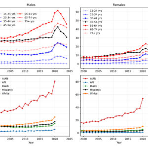 Graphs of Yearly crude rates stratified by age from 1999 to 2024 and by race from 1999 to 2020.