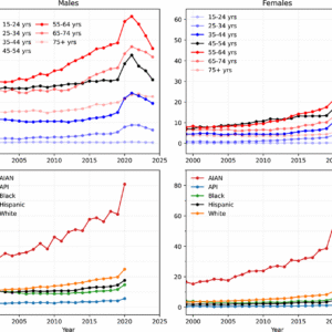 Graphs of Yearly crude rates stratified by age from 1999 to 2024 and by race from 1999 to 2020.