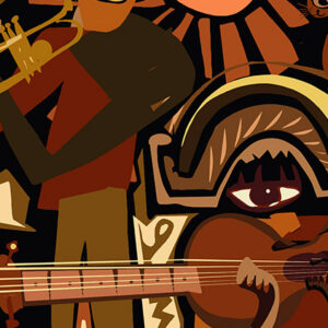 Musical instruments and figures in shades of brown and tan.