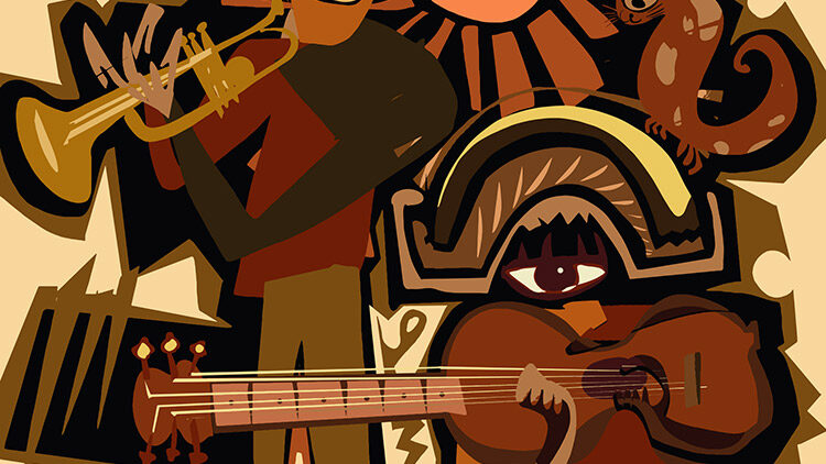 Musical instruments and figures in shades of brown and tan.