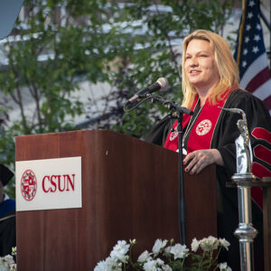CSUN President Erika D. Beck addressing the students invited to attend Honors Convocation on Saturday, May 14. Photo by Lee Choo.