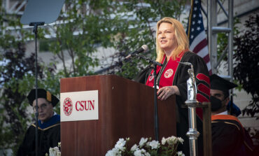CSUN President Erika D. Beck addressing the students invited to attend Honors Convocation on Saturday, May 14. Photo by Lee Choo.