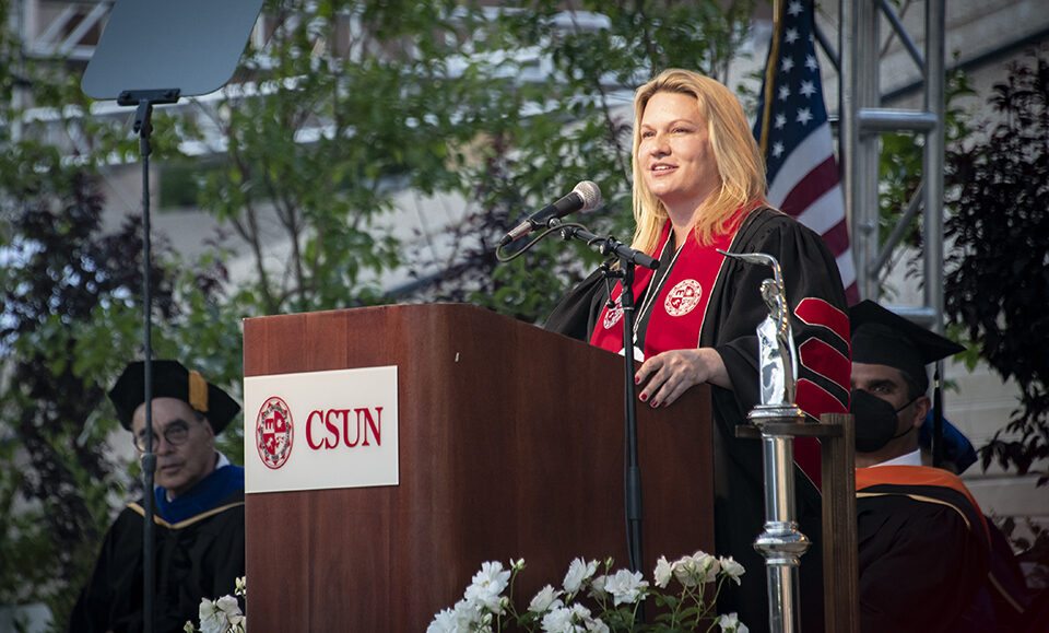 CSUN President Erika D. Beck addressing the students invited to attend Honors Convocation on Saturday, May 14. Photo by Lee Choo.