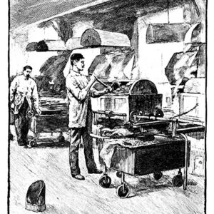 Victorian black and white engraved portrait of men working the cocoa roasting room in a sweet factory Bristol; 19th century sweet making; artist William Henry Margetson; English Illustrated 1892