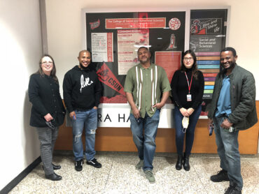 CSUN’s Project Rebound and similar programs at five other CSU campuses have received a grant to develop a toolkit for finding affordable housing for formerly incarcerated students. From left, Chicana/o studies professor Martha Escobar, executive director of CSUN’s Project Rebound; Demar Traylor, a CSUN Project Rebound student intern; Jason Bell, director of programs for the CSU Project Rebound Consortium; CSUN Project Rebound coordinator Lily Gonzalez; and Stanley Thermidor, a CSUN Project Rebound student intern. Photo courtesy of Jason Bell.