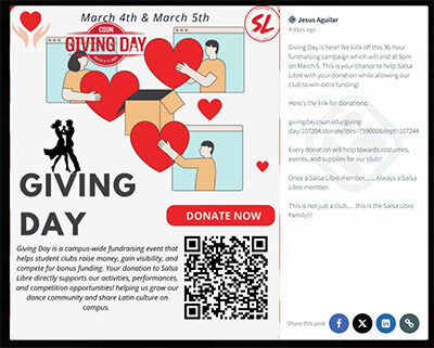 Poster for Giving Day showing illustrated figures with hearts and boxes, a “Donate Now” button and a QR code.