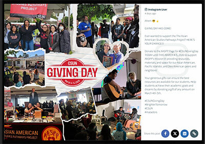 Collage promoting CSUN Giving Day featuring students and community events, with a call to support the Asian American Studies Department.