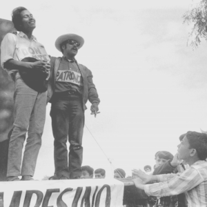 Two performers pictured on the back of a truck with an audience of children looking up at them. Image provided by John Kouns and the library’s Tom and Ethel Bradley Center.