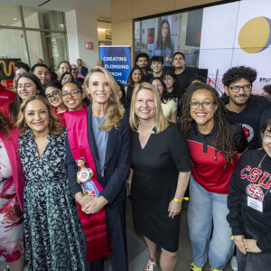 Jennifer Siebel Newsom, Erika Beck in at Autodesk Technology Engagement Center on California State University, Northridge in Los Angeles, California, Monday, April 27, 2026. (Ringo Chiu / CSUN)