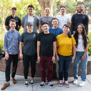 The researchers in CSUN's 'Bioinspired Mechanics Lab Group. Bottom row left to right: assistant professor of mechanical engineering Jamie Booth, Jamie Hale, Adam Brown, Brandon Garcia de Alba, Melissa Chow and Rocio Zavala. Top row left to right: Teodorico Nicolau, Joseph Enriquez Barton, Anton Hegedes, Manuel Jimenez and Coby Jones. Photo courtesy of Jamie Booth.