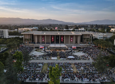 A drone camera captures the sunset over CSUN’s final Commencement ceremony of 2022. Photo by David J. Hawkins.