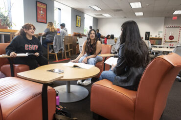Students meeting in the Music & Media/Teacher Curriculum Center area of the University Library. Jeffrey Reeder, CSUN’s dean of the College of Humanities, argues that an education based in humanities or liberal arts provides valuable tools that keep society from crumbling. Photo by Lee Choo.