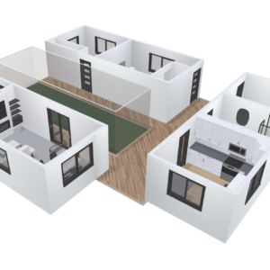 A three-dimensional rendering of what the final product is supposed to look like. The sustainable and mobile three-piece design includes a kitchen, living-dining area, two bedrooms, and two bathrooms.