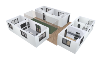 A three-dimensional rendering of what the final product is supposed to look like. The sustainable and mobile three-piece design includes a kitchen, living-dining area, two bedrooms, and two bathrooms.