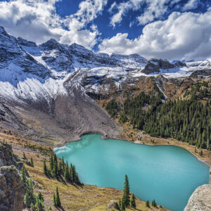 A view from a ledge high above Lower Blue Lake in the Mount Sneffels Wilderness near Telluride, Colorado. Research by CSUN geologists Joshua Schwartz and Elena Miranda has blown a hole into the long-accepted hypothesis that the Rocky Mountains were born by a single collision between tectonic plates, or pieces of the Earth’s crust, 90 million years ago. Photo by lightphoto, iStock.