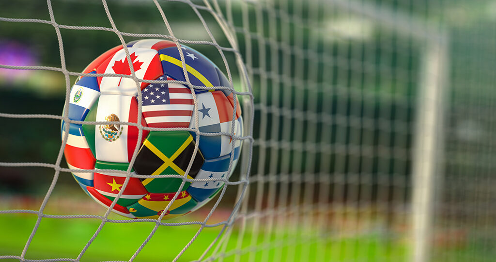 Soccer Football ball with flags of North America countries in net on football stadium. 3d illustration