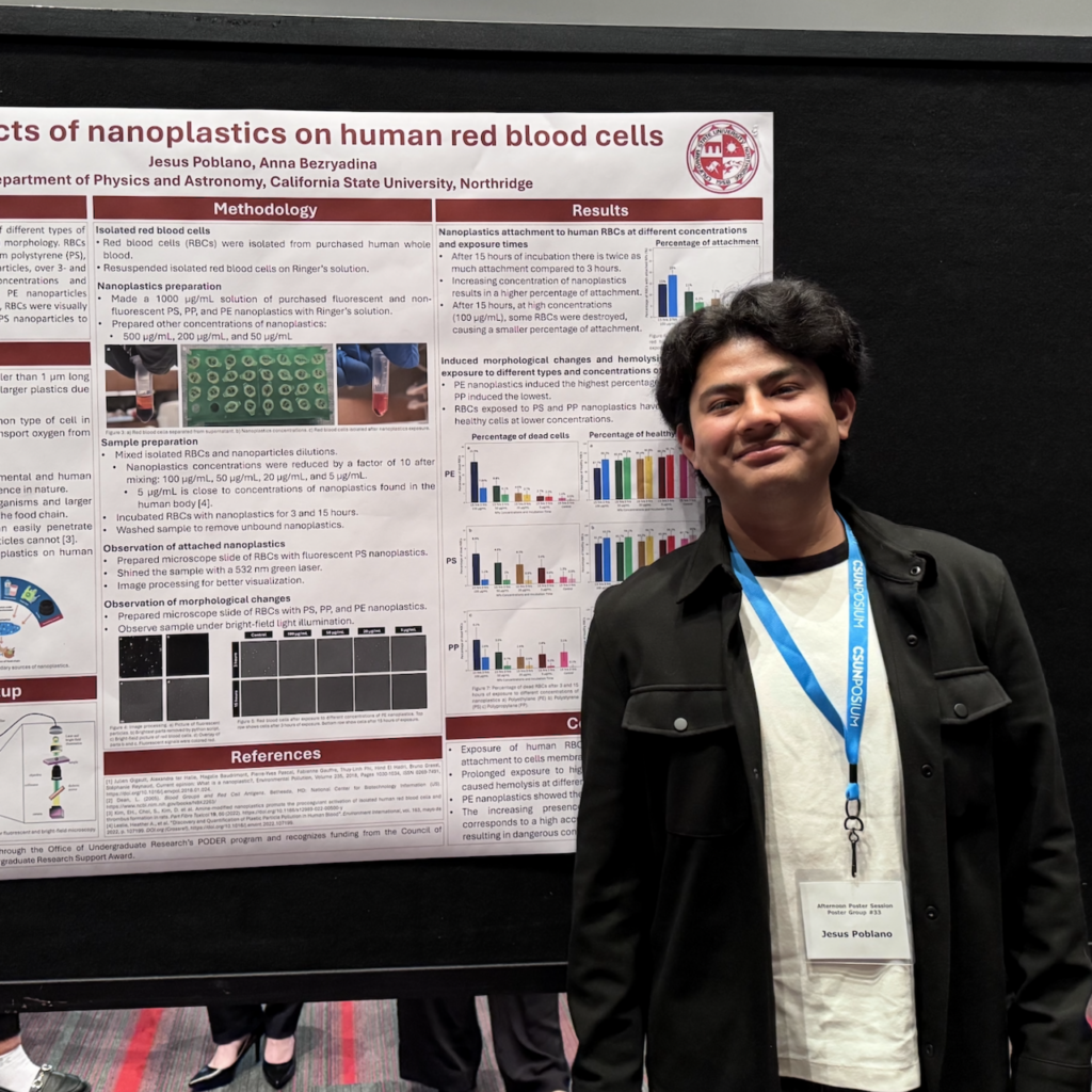 Undergrad student Jesus Poblano poses in front of his CSUNPosium research poster.