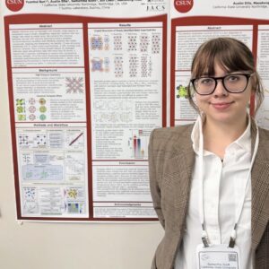 Grad student Sammie Ellis poses in front of her CSUNPosium research poster.