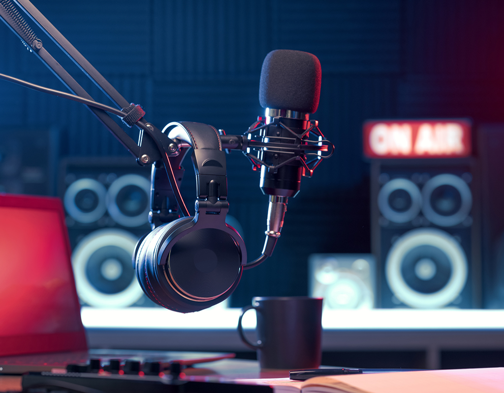 Microphone in podcast studio.