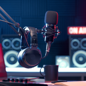 Microphone in podcast studio.