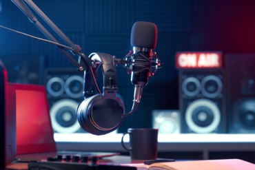 Microphone in podcast studio.
