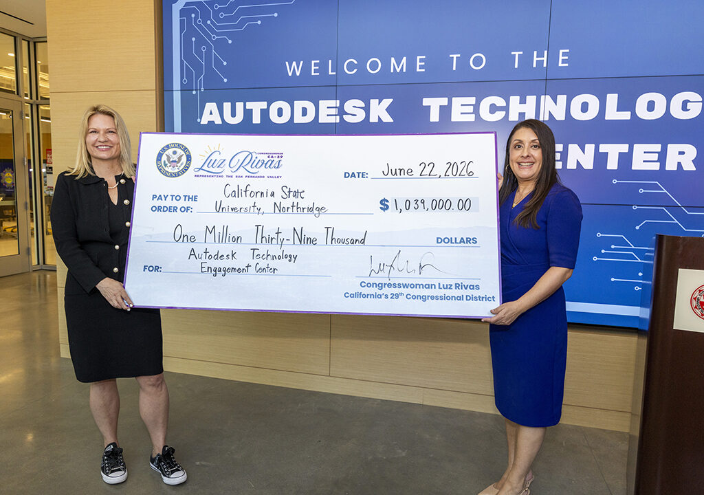 Luz Rivas, Erika Beck in Luz Rivas Check Presentation at Construction site of Matador Success and Inclusion center on California State University, Northridge in Los Angeles, California, Monday, June 22, 2026. (Ringo Chiu / CSUN)
