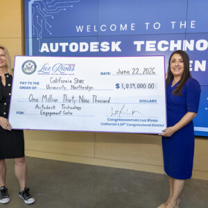 Luz Rivas, Erika Beck in Luz Rivas Check Presentation at Construction site of Matador Success and Inclusion center on California State University, Northridge in Los Angeles, California, Monday, June 22, 2026. (Ringo Chiu / CSUN)