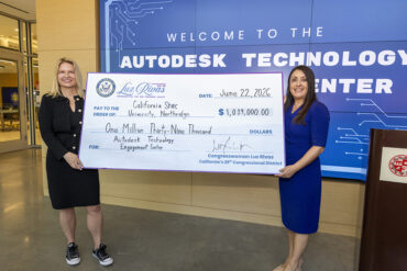Luz Rivas, Erika Beck in Luz Rivas Check Presentation at Construction site of Matador Success and Inclusion center on California State University, Northridge in Los Angeles, California, Monday, June 22, 2026. (Ringo Chiu / CSUN)