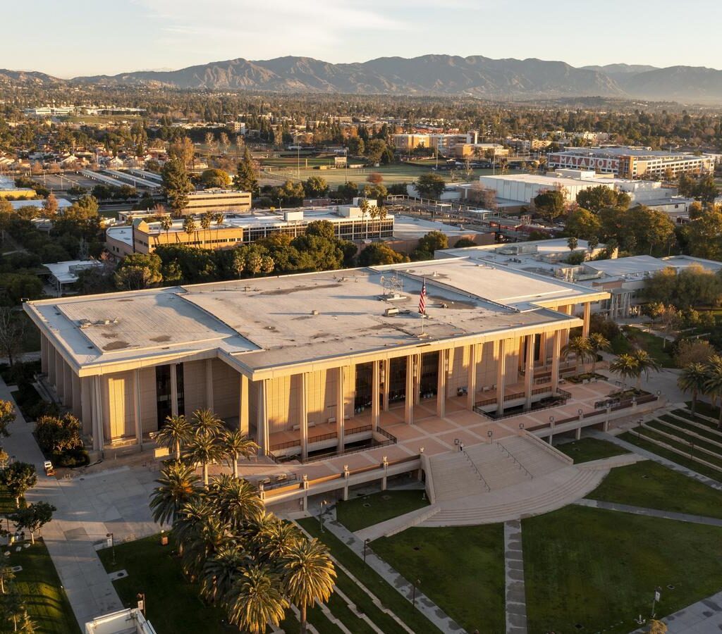 An aerial view of CSUN University Library is photographed on California State University, Northridge in Los Angeles, California, Wednesday, January 10, 2024. (Photo by Ringo Chiu / CSUN)