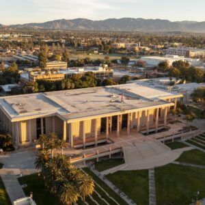 An aerial view of CSUN University Library is photographed on California State University, Northridge in Los Angeles, California, Wednesday, January 10, 2024. (Photo by Ringo Chiu / CSUN)