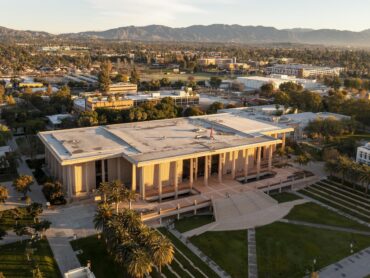 An aerial view of CSUN University Library is photographed on California State University, Northridge in Los Angeles, California, Wednesday, January 10, 2024. (Photo by Ringo Chiu / CSUN)