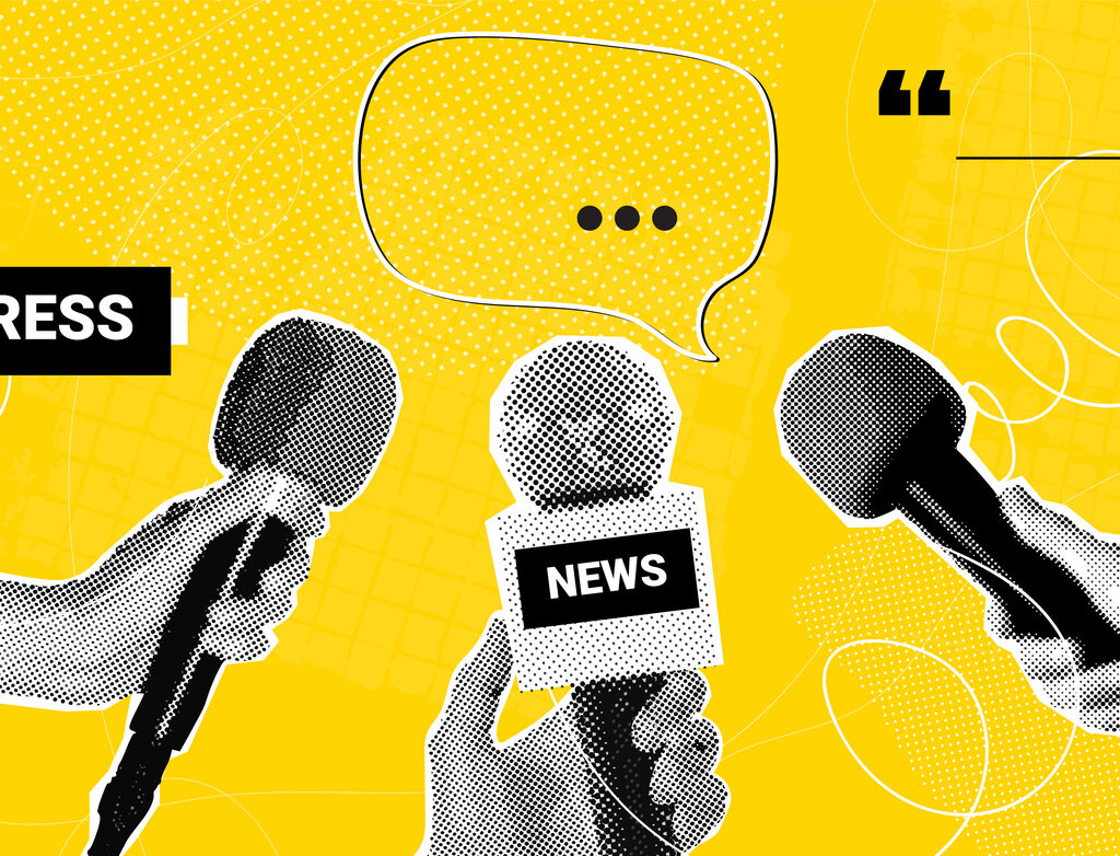 Journalist hand hold mic, press tv presenter radio podcast talk show news media