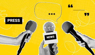 Journalist hand hold mic, press tv presenter radio podcast talk show news media