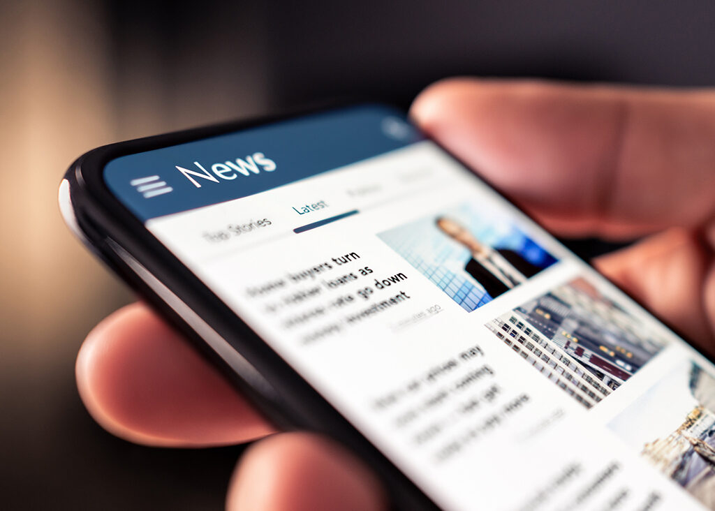 News online in phone. Reading newspaper from website. Digital publication and magazine mockup. Press feed with latest headlines in digital web portal.