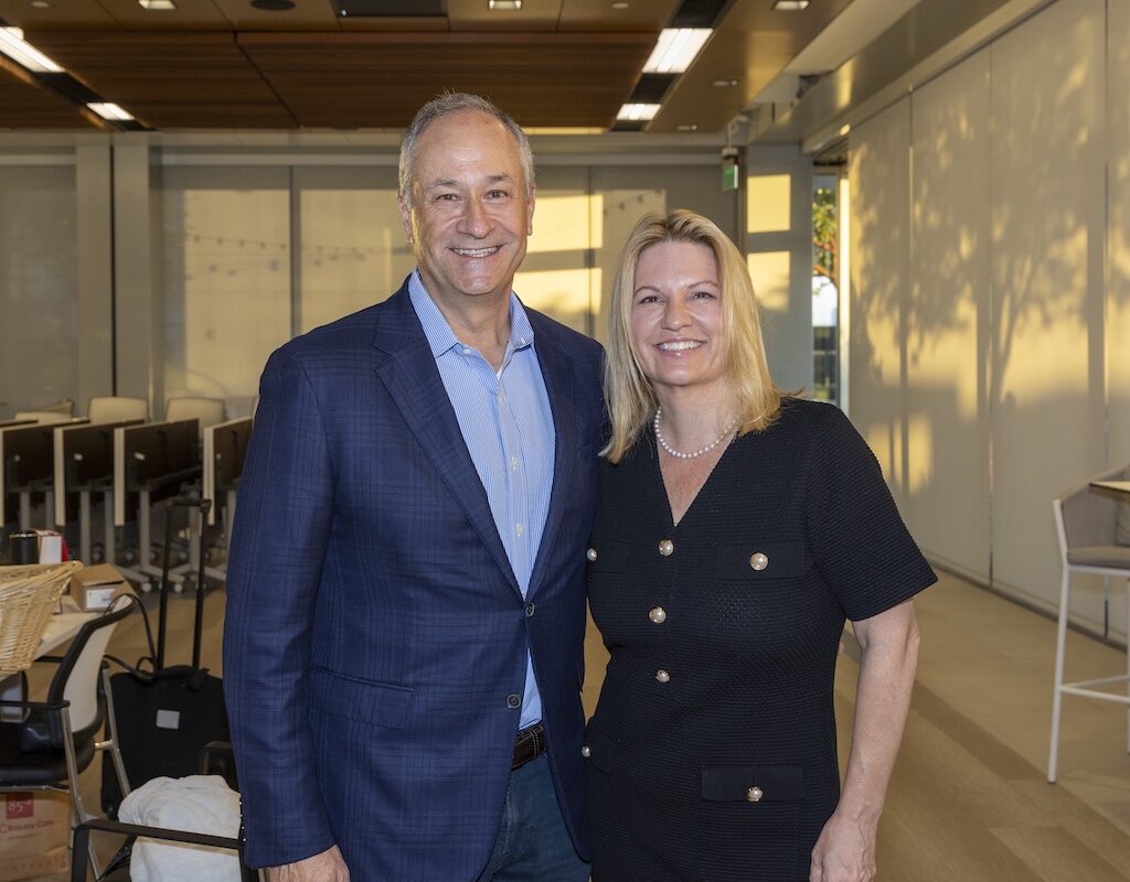 Former Second Gentleman Doug Emhoff stands with CSUN President Erika D. Beck