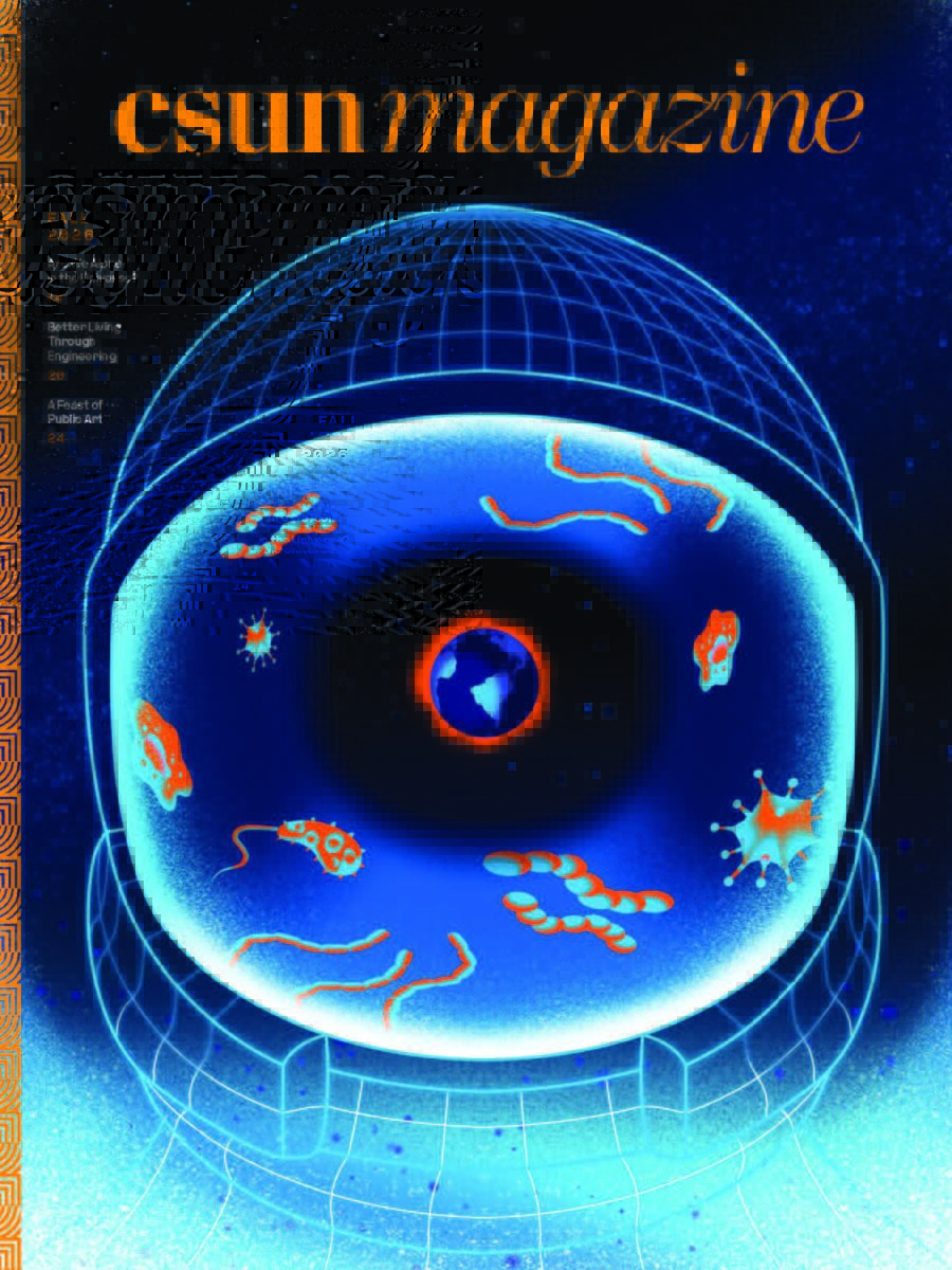 CSUN Magazine Fall 2026 cover featuring an illustration of Earth centered within an astronaut visor surrounded by microorganisms.